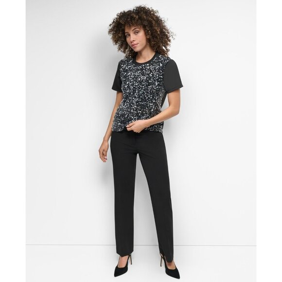 DKNY Women's Crewneck Short-Sleeve Sequin Blouse Black Size M SALE $89 - Picture 2 of 5